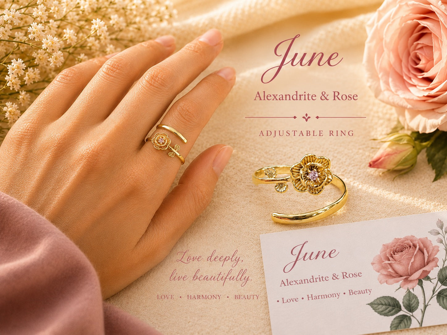 June Birth Flower Birthstone Ring