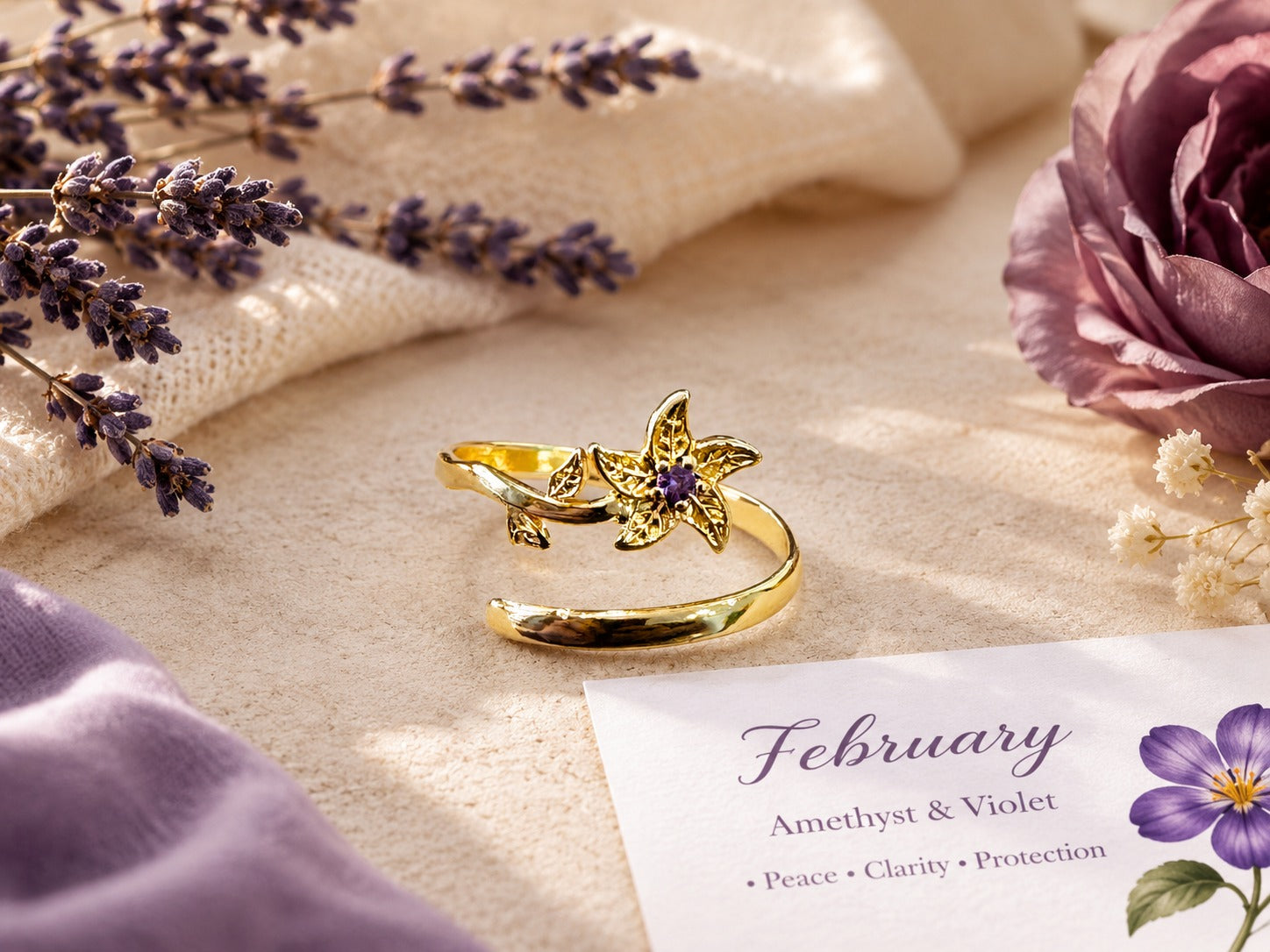 February Birth Flower Birthstone Ring