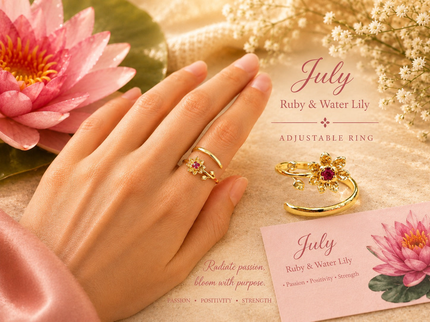 July Birth Flower Birthstone Ring