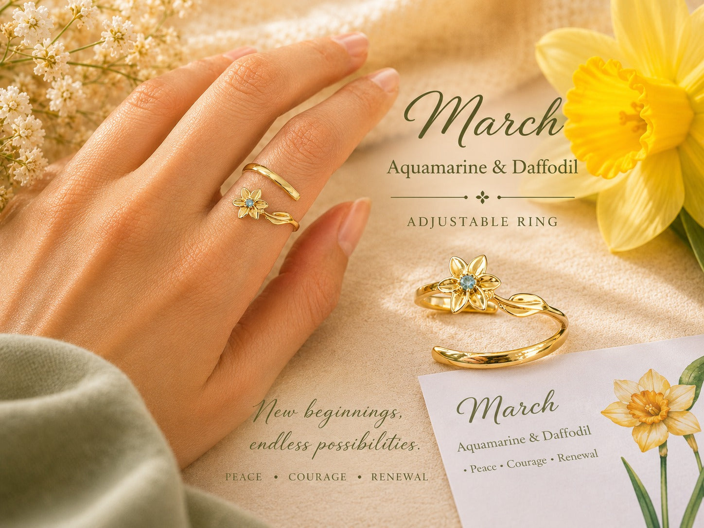 March Birth Flower Birthstone Ring