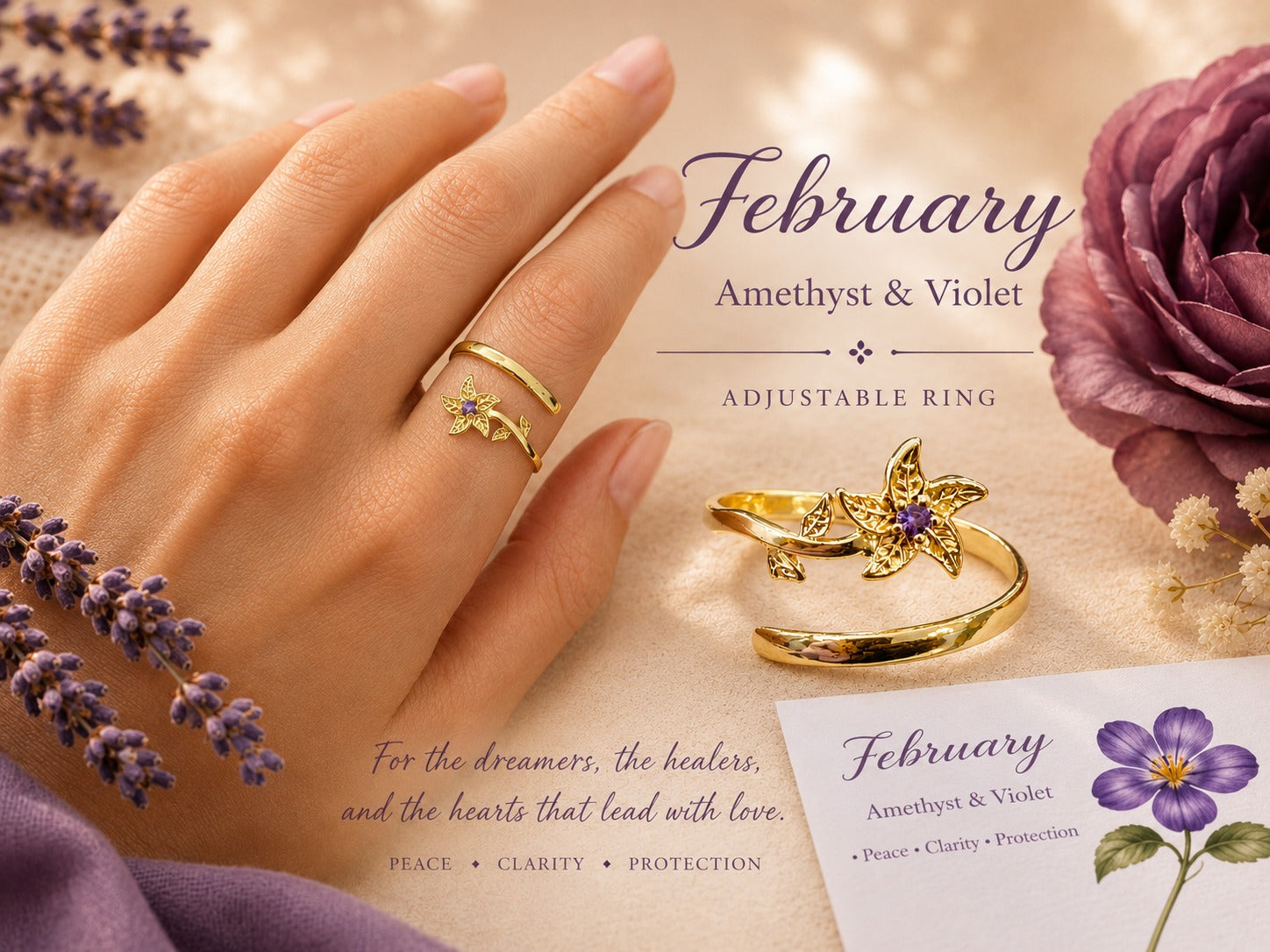 February Birth Flower Birthstone Ring