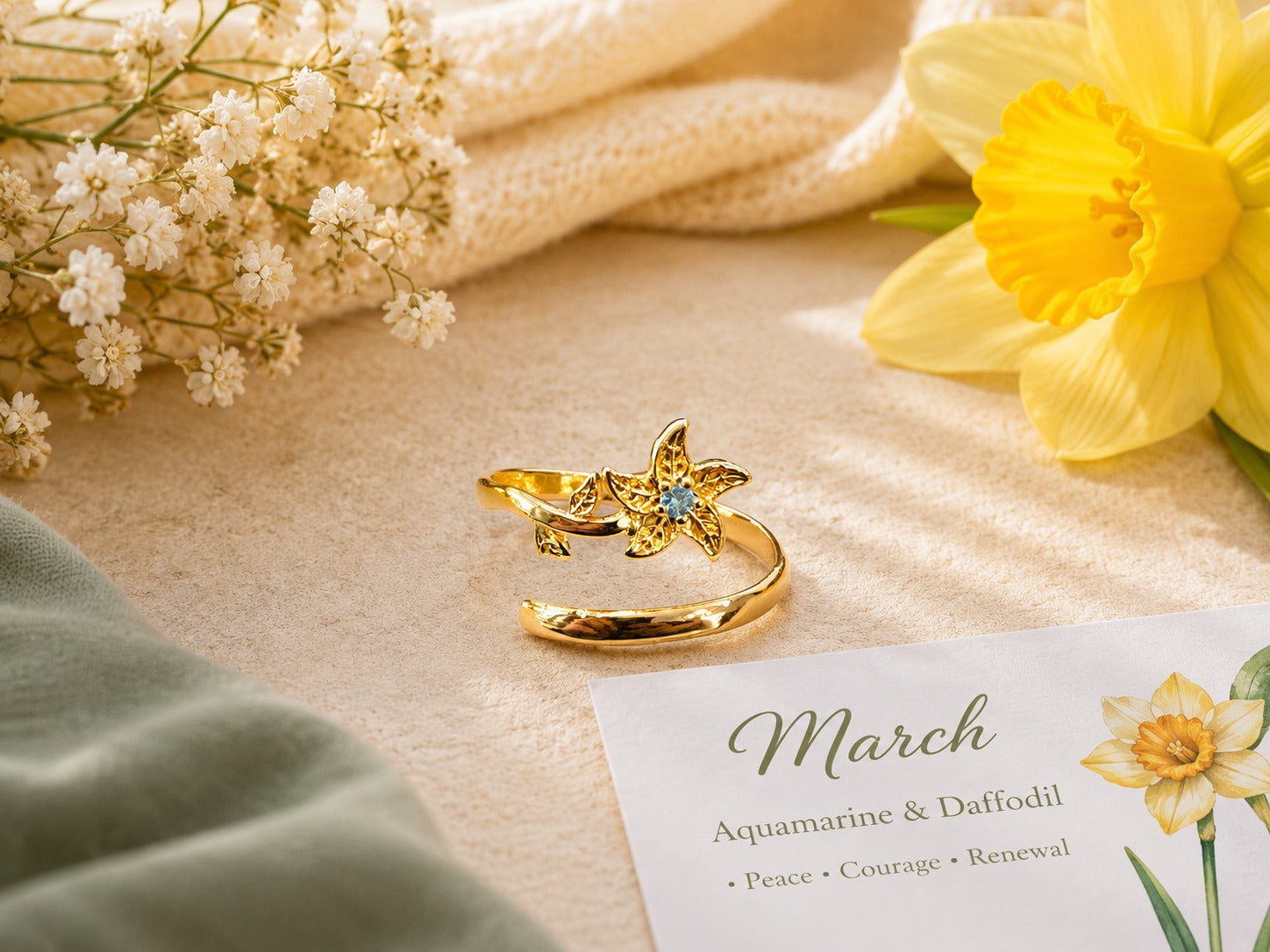 March Birth Flower Birthstone Ring